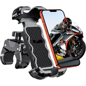 Babacom Soporte Movil Moto 360° Rotación, Cerradura 1s y Protección Segura Soporte Movil Bicicleta para Manillar de 0.71-1.4 Diámetro